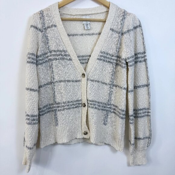 Joie Textured Knit Plaid Cardigan Sweater Size M Cream Gray Preppy Academia - Picture 1 of 7